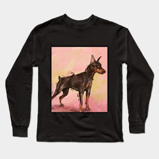 Impressionistic Painting of a Pinscher on Pinkish Yellow Background Long Sleeve T-Shirt